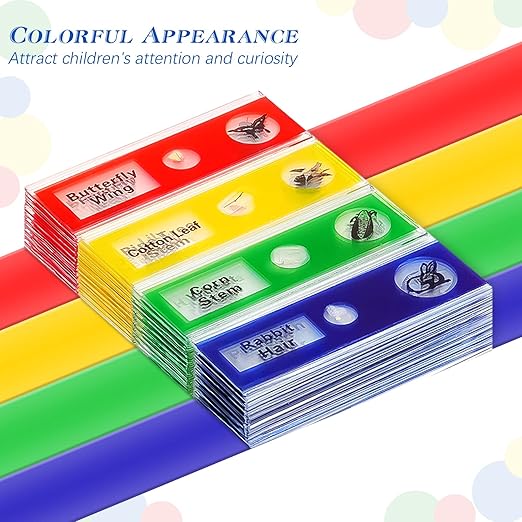 Yexiya 120 Pcs Kids Prepared Microscope Slides with Specimens Animals Insects Plants Flowers Specimens Microbiology Biological Sample for Student School Science Lab Supplies(48 Different Patterns)