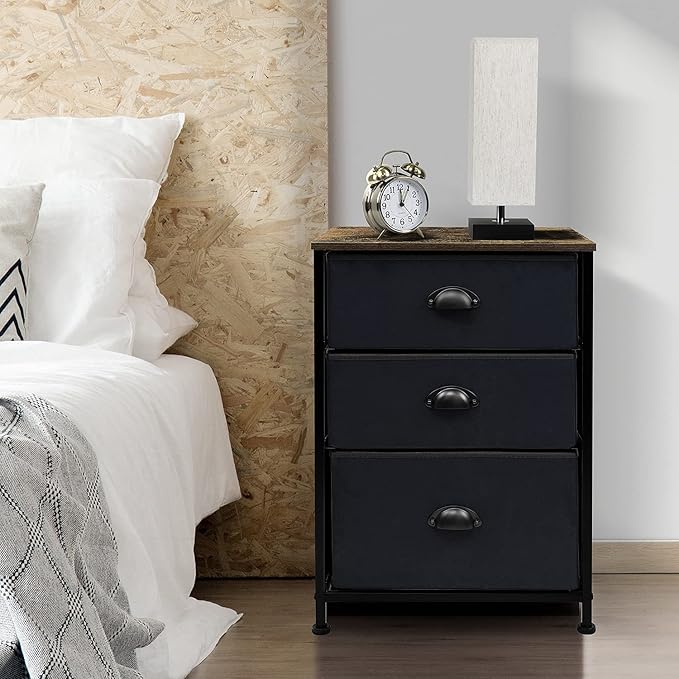 Sorbus Nightstand with 3 Drawers - Bedside Furniture & Night Stand End Table Dresser with Steel Frame, Wood Top, Easy Pull Fabric Bins for Home, Bedroom Accessories, Office & Dorm