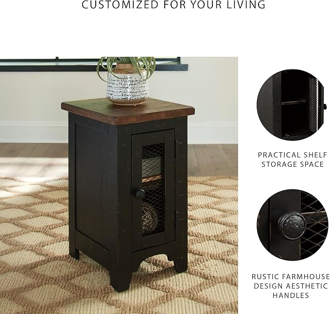 Signature Design by Ashley Valebeck Rustic Farmhouse Chair Side End Table with Cabinet Door, Distressed Black