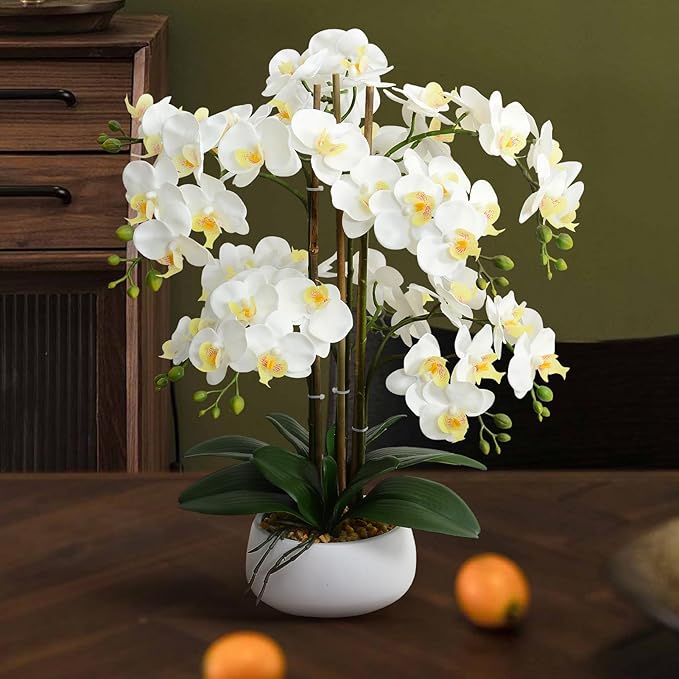 Ziwon Artificial Orchid Flowers & Plants Potted in Ceramic Pot, White Faux Phalaenopsis Orchids for Table Centerpiece, Realistic Fake Flower Arrangement for Home Office Decor Indoor