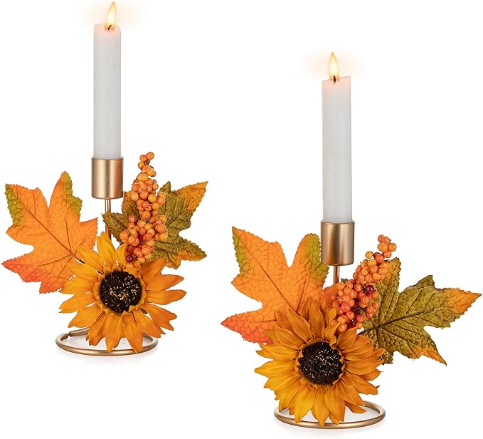 Romadedi Fall Candle Holder for Thanksgiving: Candlestick Holders Decor for Autumn Table Centerpiece Gold Party Decoration Indoor Kitchen Dining Fireplace Mantel Sunflower Maple Leaves Set of 2