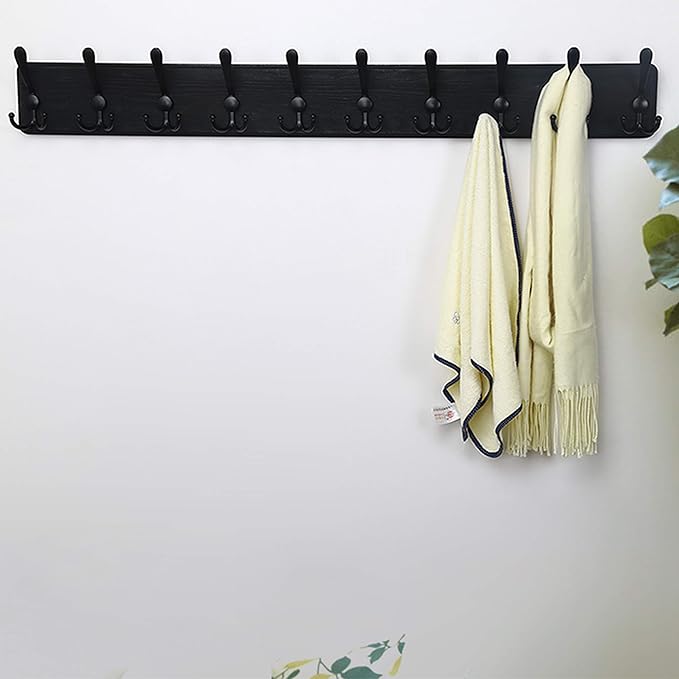 Dseap Coat Rack Wall - Heavy-Duty 38-1/4" Long, with Reinforced 10 Custom Tri-Hooks, Solid Wood Wall Hanger for Coats Hat Jackets - Rustic Farmhouse Entryway Storage, Black, Pack of 2