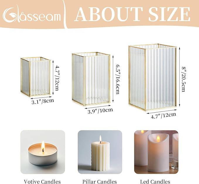 Glasseam Hurricane Glass Candle Holder: Ribbed Gold Pillar Candle Holders Set of 3 Square Metal Candle Holders for Table Centerpiece Modern Small Lanterns Decorative Indoor for Christmas Wedding Decor