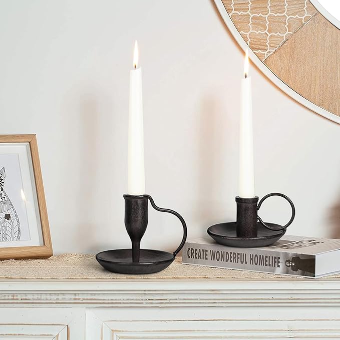 Matte Black Iron Candle Holder with Handle 2 Pcs Taper Candle Sticks Holder Decor Farmhouse Candlestick Holders for Home Wedding Party Dinning Table Centerpiece