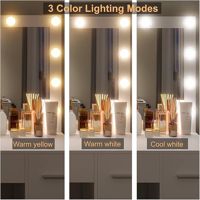 Irontar Vanity Desk with Stool, Makeup Table with Lighted Mirror, 3 Color Lighting Modes, Brightness Adjustable, Dressing Table with Drawers, Bedroom Vanity Table Set for Women, White