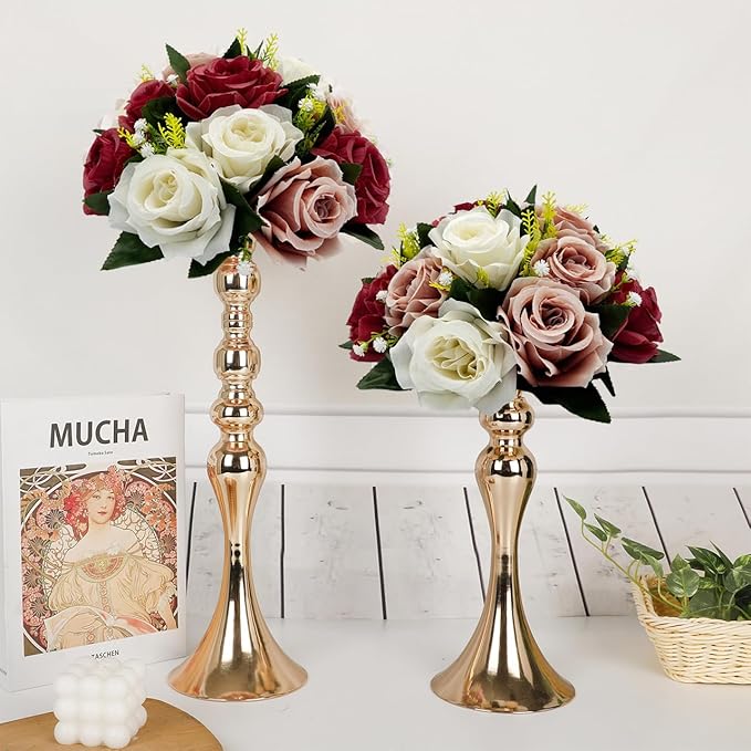 10Pcs Artificial Flower Balls for Centerpieces, Fake Floral Centerpieces Wedding Roses Bouquet for Parties Valentine's Day Wedding and Home Decor (Burgundy & Dusty Rose & White)