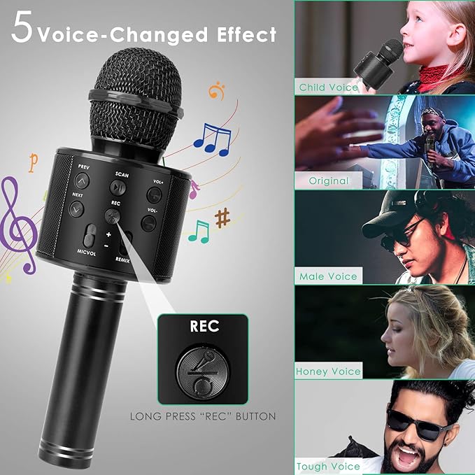 KIDWILL Wireless Bluetooth Karaoke Microphone for Kids and Adults, 5-in-1 Portable Handheld Karaoke Mic Speaker Player Recorder with Adjustable Remix FM Radio for Girls Boys Teens Adults