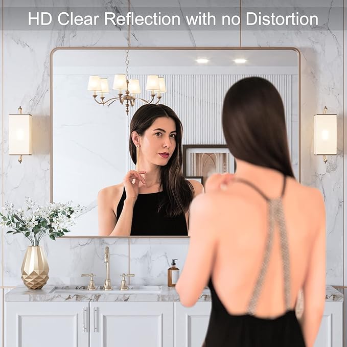 LOAAO 40”X30” Gold Bathroom Mirror, Rounded Rectangle Gold Frame Mirror, Brushed Gold Bathroom Vanity Mirror Wall-Mounted, Anti-Rust, Tempered Glass, Hangs Horizontally or Vertically