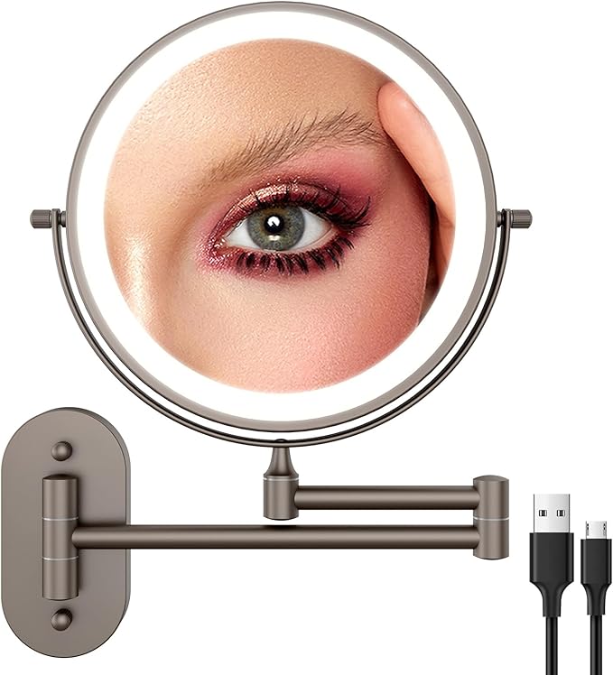FASCINATE Rechargeable Wall Mounted Lighted Vanity Mirror 8 Inch 1X/10X Magnifying Makeup Mirror with 3 Color Lights, Double Sided Dimmable, 360 Degree Screen Touch,Bathroom Shaving Mirror (GunBlack)
