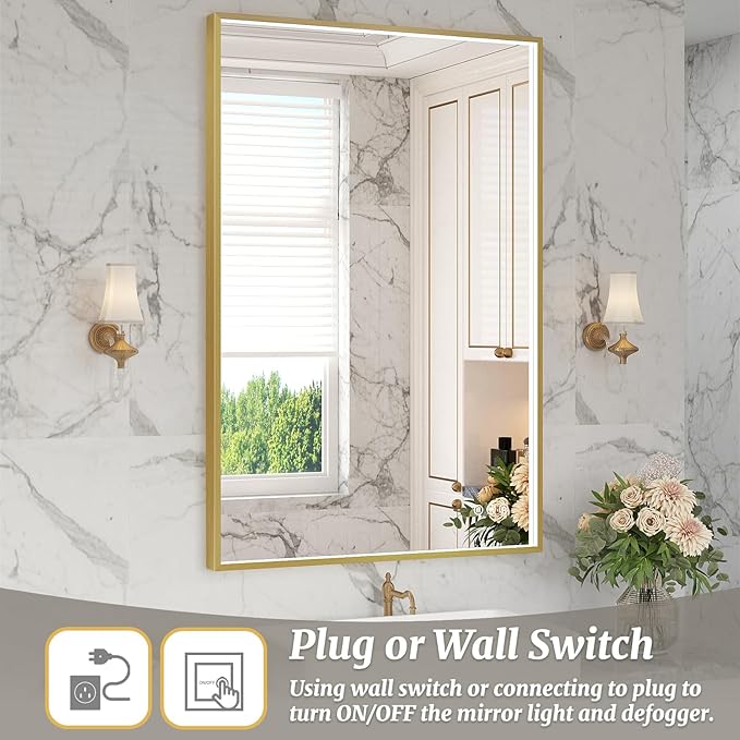 24x36 Inch LED Bathroom Mirror, Gold Metal Framed Lighted Mirror for Bathroom, Wall Mouted LED Vanity Mirror with Lights, 3 Colors and Stepless Dimmable, Anti-Fog, Memory