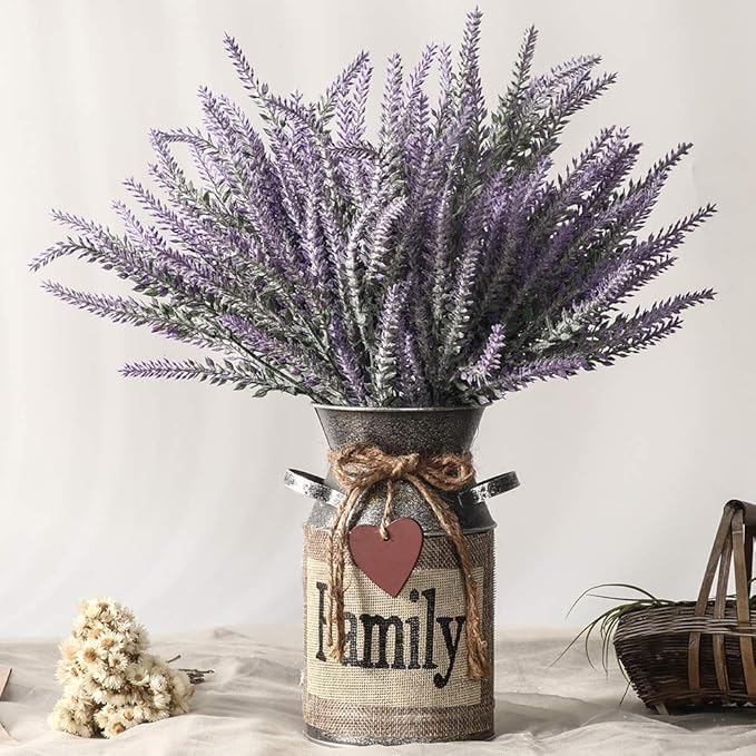 Artificial Lavender Flowers with Vase,Fake Lavender Plant Artificial in Metal Vase for Kitchen Counter Rustic Farmhouse Decor (Family,Purple)