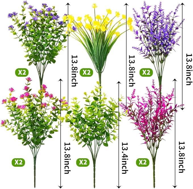 12 Bundles Outdoor Artificial Fake Flowers UV Resistant No Fade Boxwood Faux Plastic Shrubs Plants for Garden Patio Porch Window Box Home Wedding Farmhouse Hanging Décor
