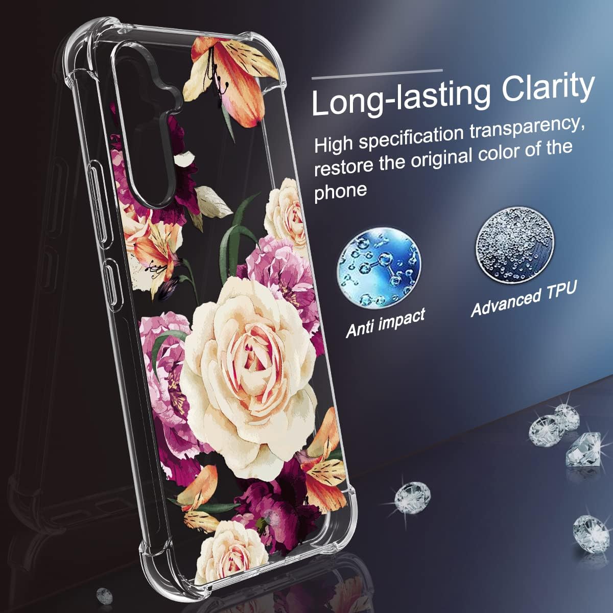 Osophter Flower Floral Phone Cover for Samsung Galaxy A54 5G, with Screen Protector and Shock-Absorption Flexible TPU