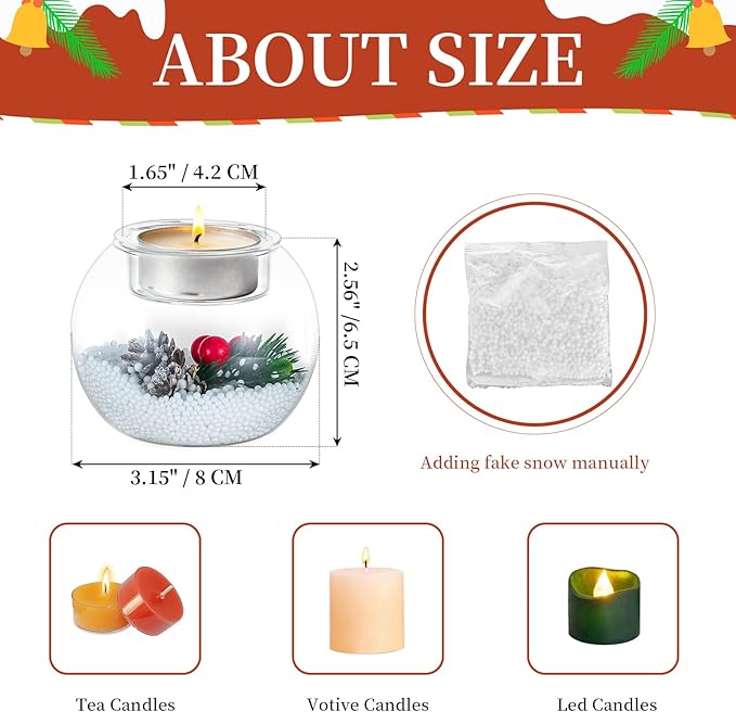 Glasseam Christmas Votive Candle Holders: Glass Tealight Candle Holder Set of 6 with Red Berry and Snow Pinecone Decorative Candle Holders for Table Centerpiece Party Christmas Decor Advent Gifts