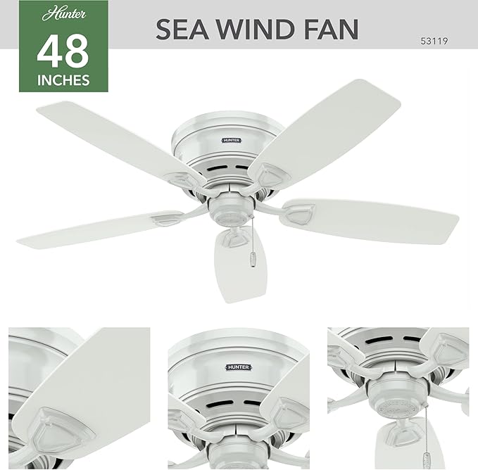 Hunter 48 inch Outdoor or Indoor Ceiling Fan No Light - Low Profile Mount, White Ceiling Fan without Light, For Patio, Porch, Garage, or Living Room, 5 Blades, Pull Chain - Sea Wind 53119, White