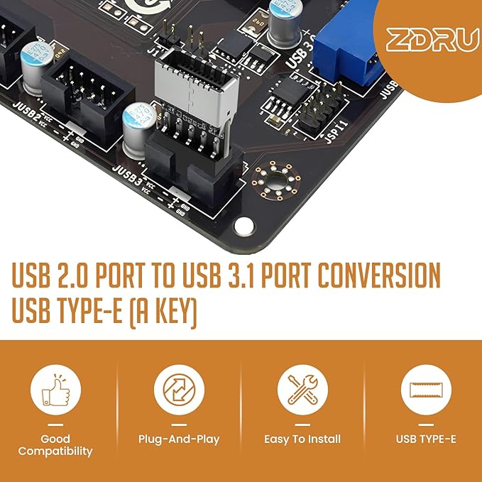 USB 2.0 to USB 3.2 Gen 1 Header Adapter, Internal 9 Pin Female to 3.1 Type-E (A-Key) Female for Front Panel Connector Motherboard (1 Pack)