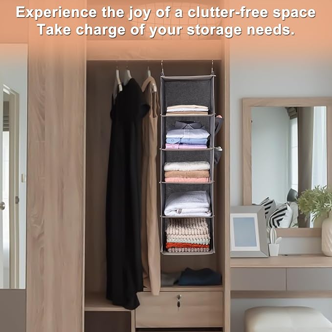 BOOMIBOO Hanging Closet Organize and Shelves，5-Hanging Shelf with 2 Side Pockets，Storage Foldable （2 Pack,Black）