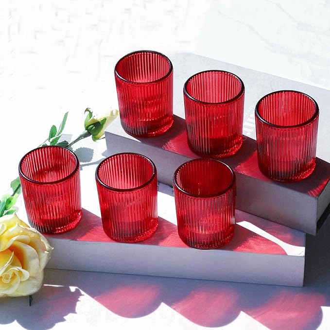 VOHO Red Candle Holders Set of 12, Ribbed Glass Votive Candle Holders Bulk for Holiday/Party Decorations, Tea Lights Candle Holder Wedding Centerpieces for Tables