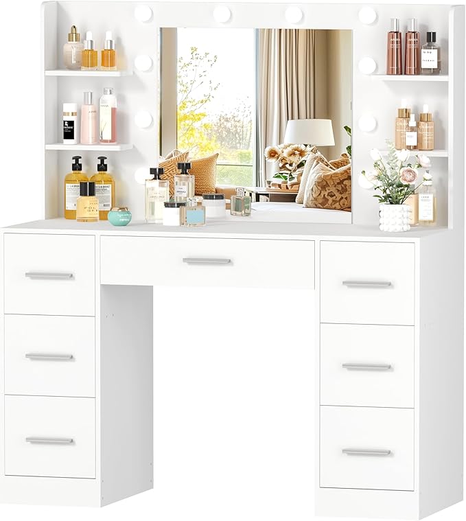 Irontar Makeup Vanity Desk with Mirror, 43.3" L Vanity Table with 10 LED Lights & 7 Metal Sliding Drawers, Brightness Adjustable & Open Shelves, for Women, Wife, White