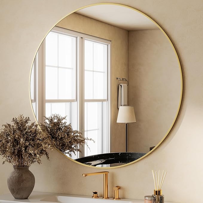 HARRITPURE 48 Inch Round Mirror, Gold Circle Bathroom Mirror, Modern Aluminum Alloy Frame Large Vanity Wall Mirror for Living Room, Bedroom, Entryway