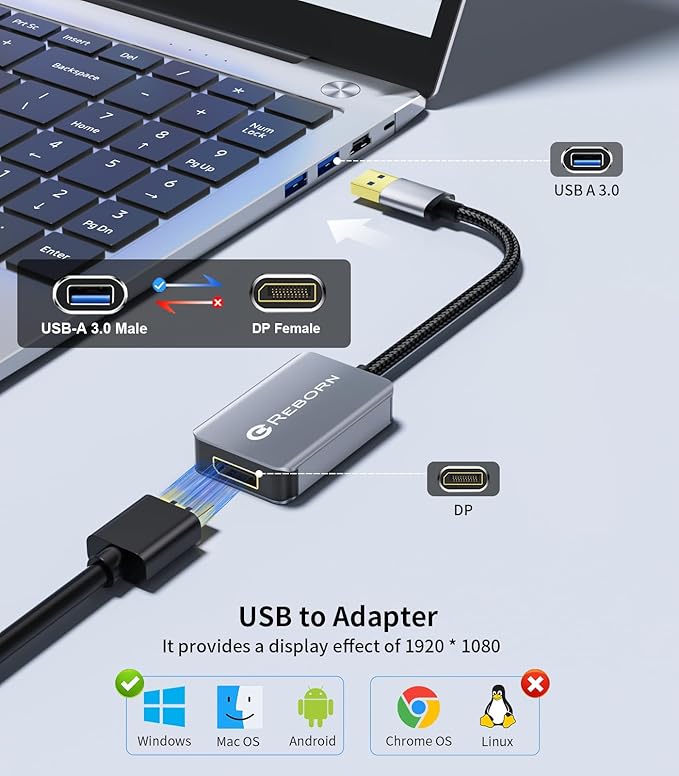 Reborn USB 3.0 to DisplayPort Adapter, 1080P@60Hz USB 3.0 Male to DisplayPort Female Multi-Display Cable Converter Suitable for MAC OS, Windows 7/8/10/11