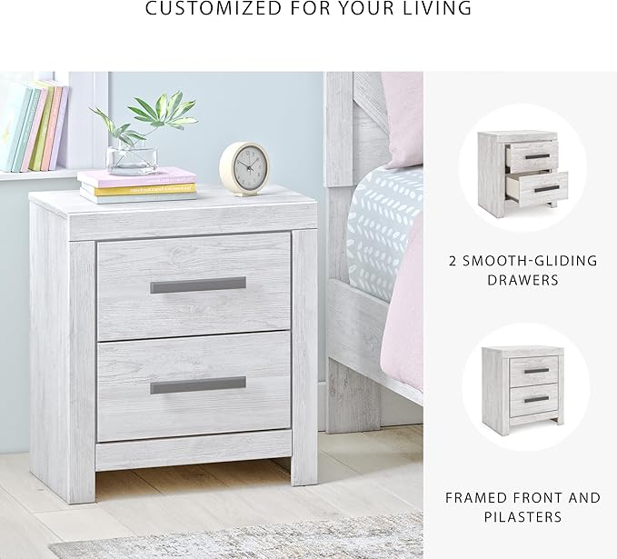 Signature Design by Ashley Cayboni Vintage 2 Drawer Nightstand with Safety Stop for Bedroom, 24.37" Tall, White