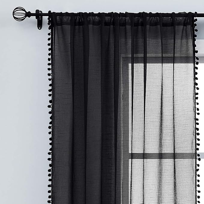 Treatmentex Black Pom Pom Sheer Curtains for Bedroom 63" Linen Texture Decorative Voile Draperies Chic Solid Sheer Curtain Panels for Living Room 52" w 2 Pack