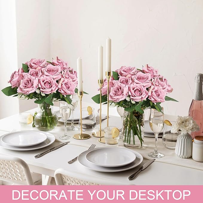 Artificial Roses Flower Dusty Rose Flowers - 8 Bundles Rose Bouquet Fake Silk Flowers Realistic Faux Florals Bulk for Wedding Bridal Party Baby Shower Arrangements Centerpieces Home Decorations
