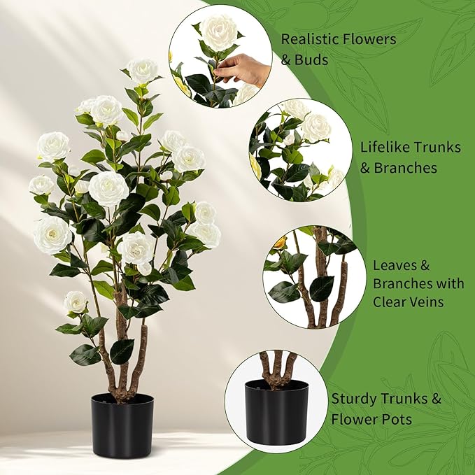 Artificial Camellia Tree 2 Pack, Artificial Plants Outdoor Faux Floral Plant in Cement Pot Fake White Silk Camellia Tree Plants for Home House Living Room Office Decor (White)