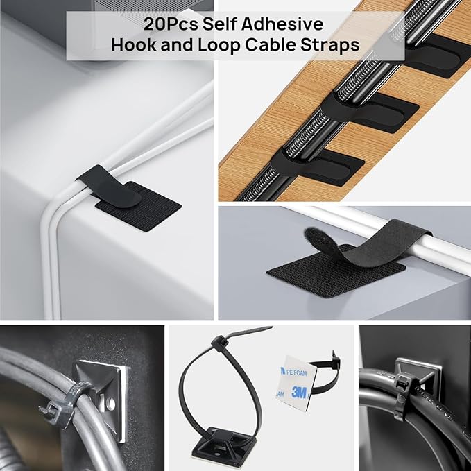 Cable Management Kit - 4 Cable Sleeve, 57 Self Adhesive Cable Clips, 12 Hanging Strips, 12 Cable Organizer Straps and 100 Fastening Cable Ties for TV Computer Under Desk (Black and White)