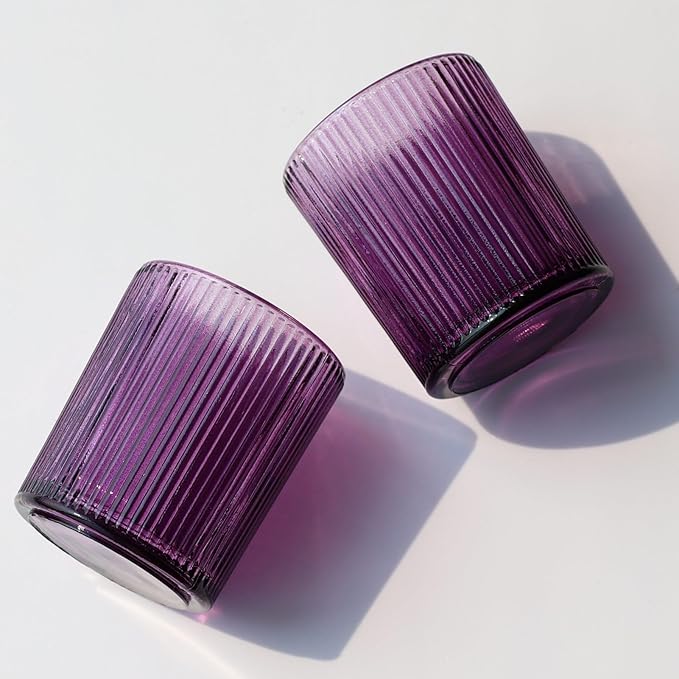 VOHO 12pcs Purple Votive Candle Holders for Christmas Holiday Decorations, Vintage Glass Votive Candle Holder for Coffee Table Centerpiece, Ribbed Tealight Candle Holder for Birthday Gifts