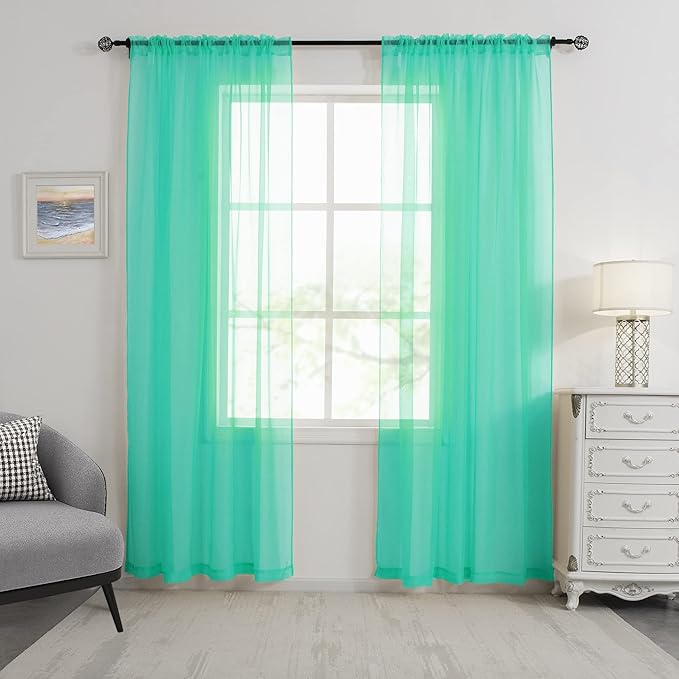 HUTO Turquoise Sheer Curtains 52 by 84 Inches Long Rod Pocket Window Sheer Drapes Home Decor Voile Panels Sheer for Bedroom Living Room Baby Room Nursery 2 Panels