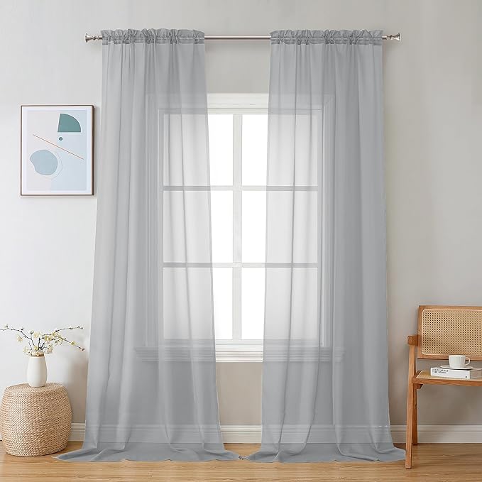 Chyhomenyc Light Grey Sheer Curtains 96 inches Long 2 Panels, Light Filtering Soft Airy Solid Elegant Voile Window Treatment Drapes for Bedroom Living Room Wedding Party Decor, 42 Wx96 L, 8FT L