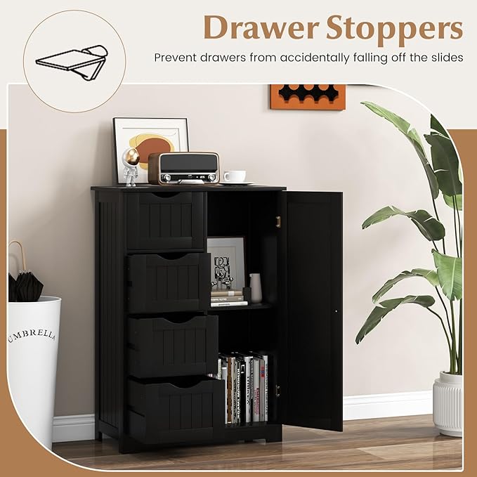 Giantex Bathroom Storage Cabinet with Drawers - 4 Drawer Storage Organizer w/Cupboard, Adjustable Shelf, Anti-Toppling Device, Entryway Storage Unit Console Table, Bathroom Floor Cabinet (Black)