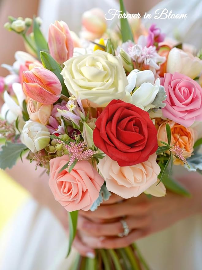 MACTING Artificial Rose Flowers 30PCS Fake Flowers with Stem Real Touch Soft Foam Rose Wedding Bouquet Baby Shower Table Centerpieces Home Spring Summer Decor(Gradual Red Series)