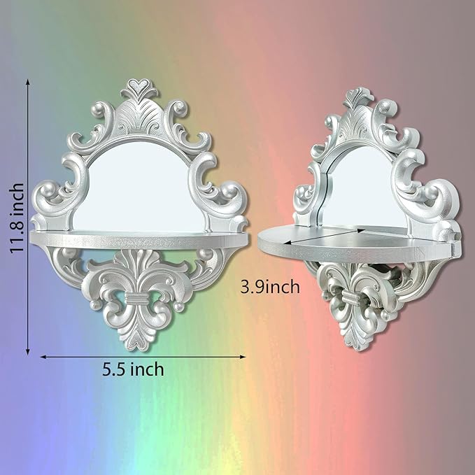 Three-Dimensional Relief Candle Sconces Set 2 Rustic Wall Mount Candle Holders Wood Hanging Wall Decor Mirrored Wall Art Hand Carved Home Decoration Silver