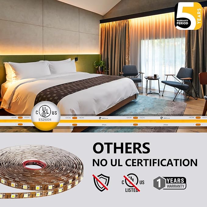 EMITEVER COB LED Strip Lights Warm White, 2700K Tape Light 32.8ft, Premium High Density, DC 24V, 300+Lumens/ft, 4800LEDs/Spool, Ra 90, 3W/ft, UL Listed 5 Year Warranty (Power Supply Sold Separately)