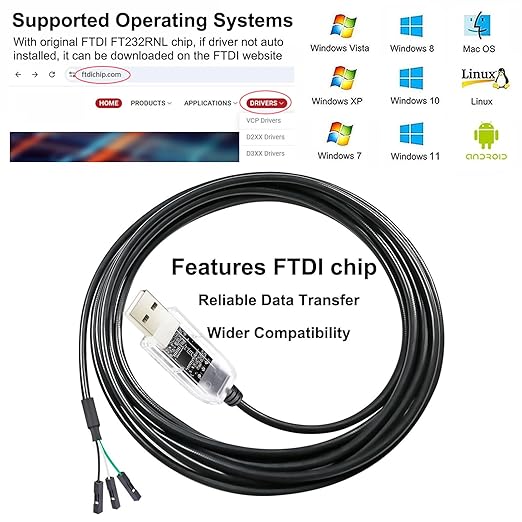 DTECH USB to TTL Serial Cable Adapter 3.3V 3 Pin FTDI Chip LED Indicators UART Debug Converter FT232RNL IC Output 3V3 Signal Level for Windows 11 10 8 7 XP MAC Linux Easy Debugging Programming, 3ft