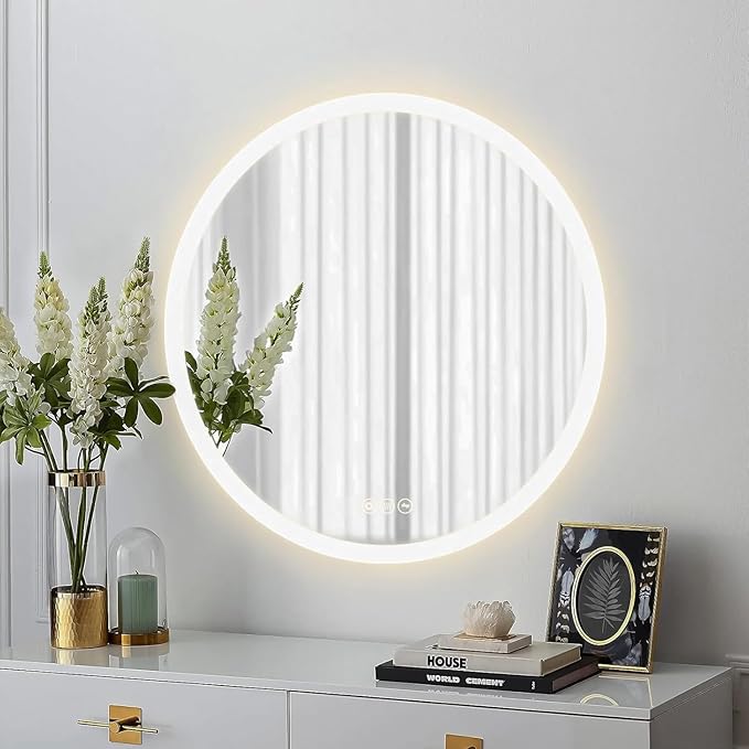 Wall-Mounted LED Round Bathroom Mirror, Makeup Mirror (24 inches x 24 inches,) 3 Color Stepless Dimmable Memory Bathroom Vanity Mirror with Lights CRI90+ 3000-6400K Smart Mirror with Touch