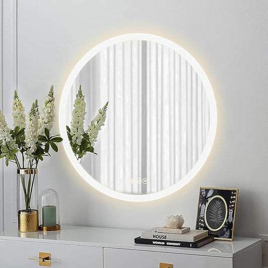 Wall-Mounted LED Round Bathroom Mirror, Makeup Mirror (24 inches x 24 inches,) 3 Color Stepless Dimmable Memory Bathroom Vanity Mirror with Lights CRI90+ 3000-6400K Smart Mirror with Touch