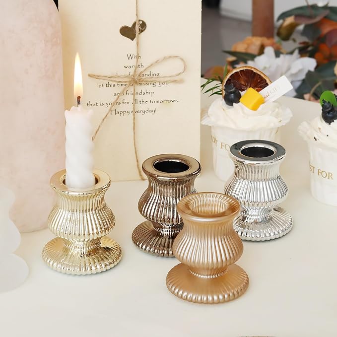 WDHODEC Black Gold Candlestick Holders 12PCS Glass Taper Candle Holders for Table Centerpiece Colorful Candle Sticks for Modern Wedding, Party and Festival Decoration