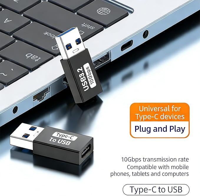 USB C Male to USB 3.2 Female Adapter, USB-C to USB-A Adapter [2-Pack] for Charging, 10Gbps Data Transfer and OTG - Black