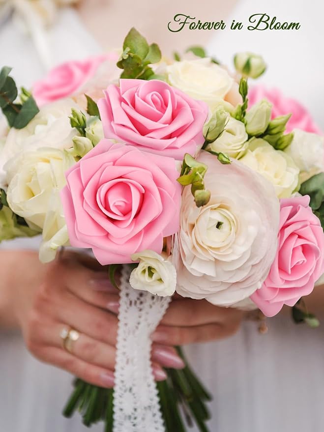 MACTING Artificial Flowers 30PCS Pink Fake Flowers with Stem Real Touch Soft Foam Roses Wedding Bouquet Table Centerpieces Party Bridal Shower Birthday Home Spring Summer Decor