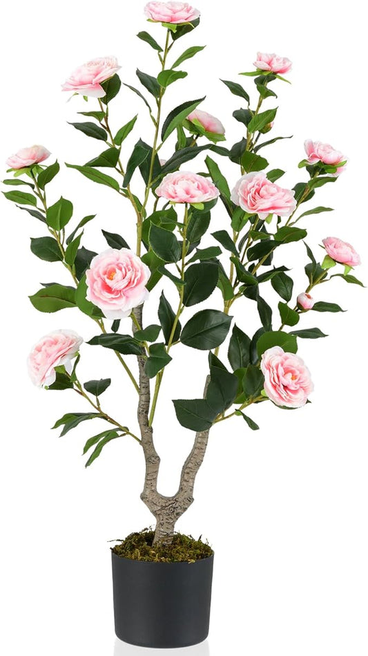 GOFLAME 3FT Artificial Camellia Tree, Faux Camellia Plant with Pink Flowers, Solid Wood Trunk, Realistic Moss, Greenery Potted Decoration Tree for Indoor Outdoor Home Porch Front Door
