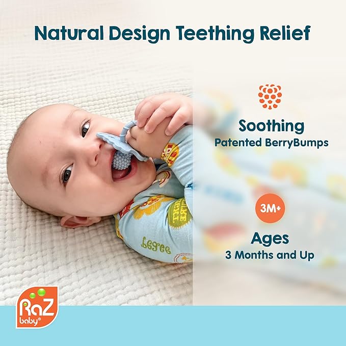 RaZbaby RaZberry Silicone Teether Pacifier – Teething Relief for Infants, Food-Grade, BPA-Free, Hands-Free Design, Natural Berrybumps Fruit Texture for Sensory Development, Freezable – Light Blue