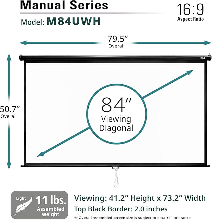 Elite Screens Manual Series, 84-INCH 16:9, Pull Down Manual Projector Screen with AUTO LOCK, Movie Home Theater 8K / 4K Ultra HD 3D Ready, 2-YEAR WARRANTY, M84UWH, 16:9, 80.4"W x 57.6"H, Black