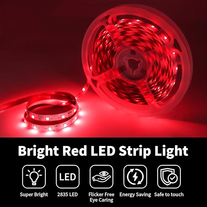 iNextStation Red LED Strip Light, 16.4ft 5M 2835 SMD 300 LEDs 12V Flexible Cuttable LED Tape Light for Bedroom Kitchen Cabinet Wardrobe TV (Power Adapter Included)