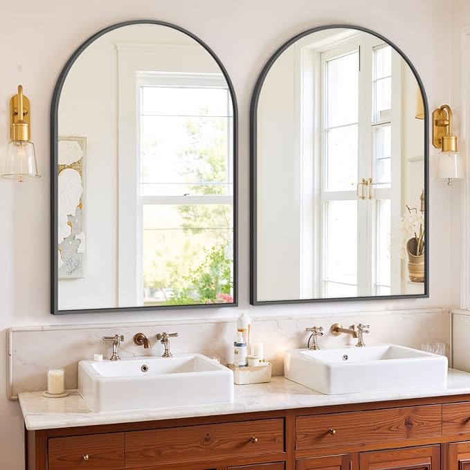 Sweetcrispy Arched Bathroom Mirror 36x25 Inch Black Metal Framed Arch Vanity Mirror for Wall, Over Sink, Farmhouse, Restroom, Anti-Rust, Modern Decorative, Hanging or Leaning