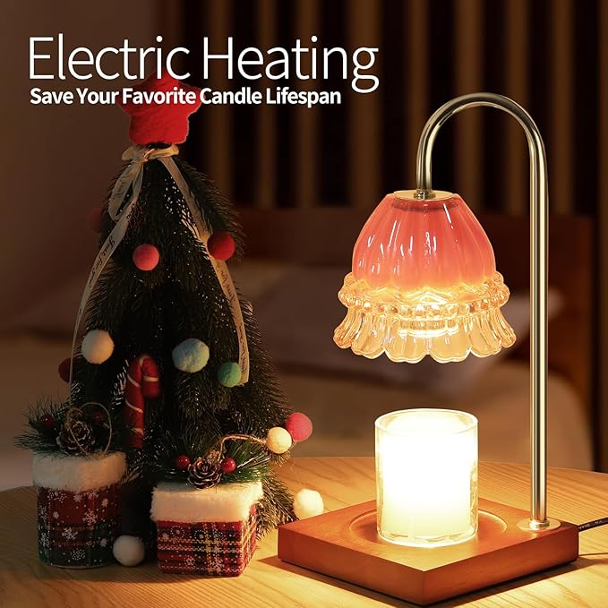 Candle Warmer Lamp, Candle Lamp Wax Warmer, Timer & Dimmer 7-Levels, Compatible All Jar Candles, Top Melting, Glass Candle Heater Lamp for Scented Wax, Elegant Home Decoration, Pink Flower
