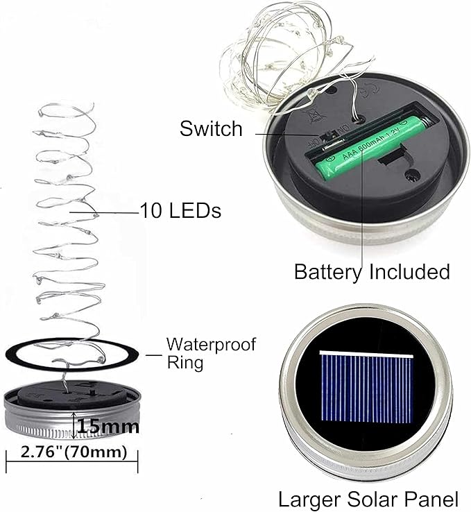 Decorman Solar Mason Jar Lid Lights, 6 Pack 10 LED Waterproof String Fairy Star Firefly Jar Lids Lights for Patio Garden Yard Lawn Party Wedding Christmas Decoration(Jars & Hangers Not Included)